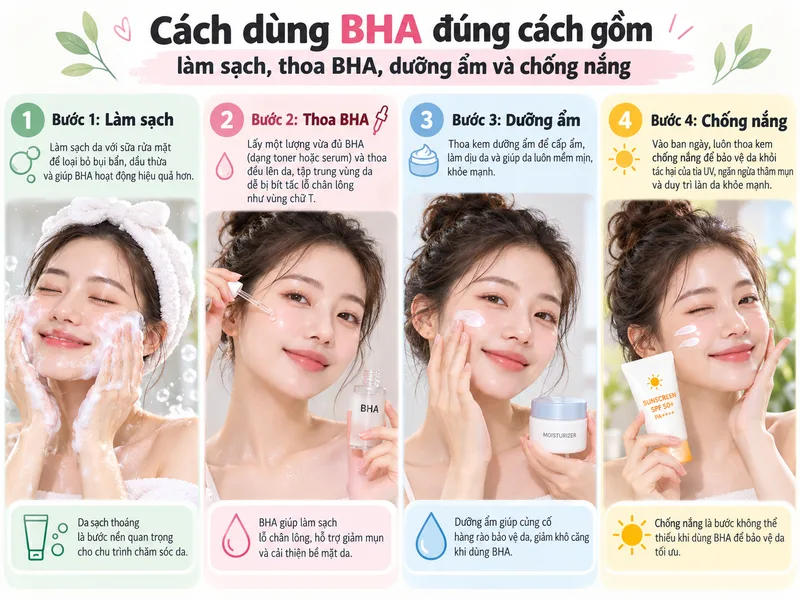 Cách dùng BHA đúng cách gồm làm sạch, thoa BHA, dưỡng ẩm và chống nắng